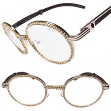 Oval Silver Frame with Crystals on the Edge Hip Hop Rapper Clear Lens Glasses