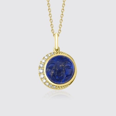 Halskette mit Anhänger Diamant & geschnitztem Mondgesicht Lapislazuli Gold