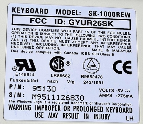 Vintage Dell Quietkey Mechanical PS/2 Computer Keyboard SK-1000REW P/N: 95130 - Picture 8 of 8