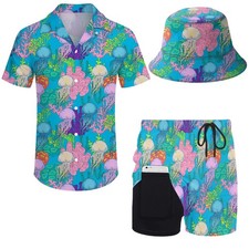 Mens 2 Piece Hawaiian Shirt Set Jellyfish Coral Outfit and Compression Liner ...