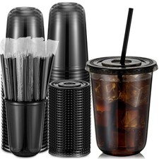 50 Set 16 oz Clear Plastic Cups with Lids and Straws, PET Disposable Iced Cof...