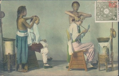 CHINA Tientsin a pair of young street barbers 1910s PC