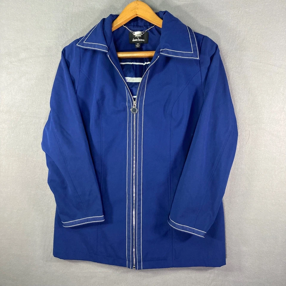 Dennis Basso Raincoat XS Blue White Stripe Lined Hooded Jacket Womens - Image 2 of 4