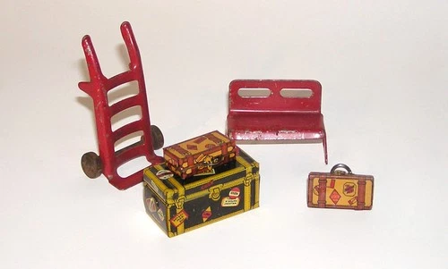 Marx Tin Litho Toy Steamer Trunk & (2) Suitcases, and Dolly, Bench (DAKOTApaul)