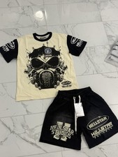 Hellstar Men's 2-Piece Shorts Set Black/Beige Graphic Logo Drawstring Size M