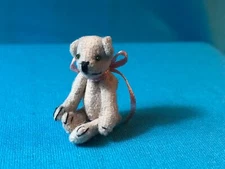 MINIATURE GREY  SUEDE TEDDY BEAR - 1 1/2"  - FULLY JOINTED AND PINK SATIN BOW