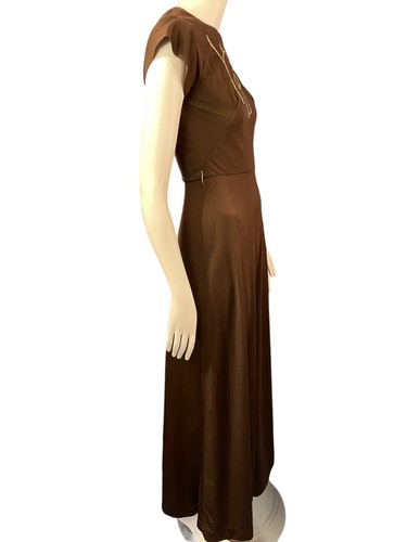 1970's Dress Maxi Brown Jersey Vintage Gold Embroidered Fish Evening Gown Sz Sm - Picture 4 of 8