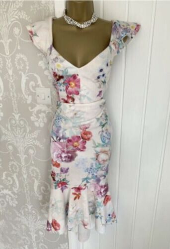 Lipsy White Cream Floral Midi Dress Size 12 Occasion Wedding Party Summer Hi Lo - Picture 15 of 24