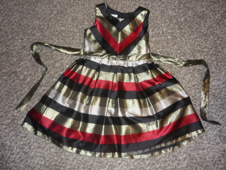 Girls' Bonnie Jean Taffeta Dress Red Gold Black Stripes Christmas Holidays Sz 10 - Image 2 of 4