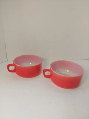 Set Of 2 Anchor Hocking Fire King Red Soup Mugs D Handle Vintage