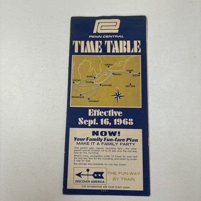 1968 PENN Central Railroad Time Table Sept. 16-Vintage Train Schedule With Map