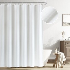 White Linen Shower Curtain, Cloth Textured Fabric Shower Curtain Set with Hoo...