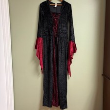 Whimsigoth Black Red Velvet Long Dress Velvet Size XL Lace Vampire Witchy Hooded