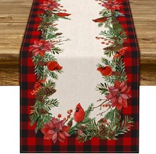 Christmas Cardinal Table Runner Buffalo Plaid Check Poinsettia Holly Xmas Win...