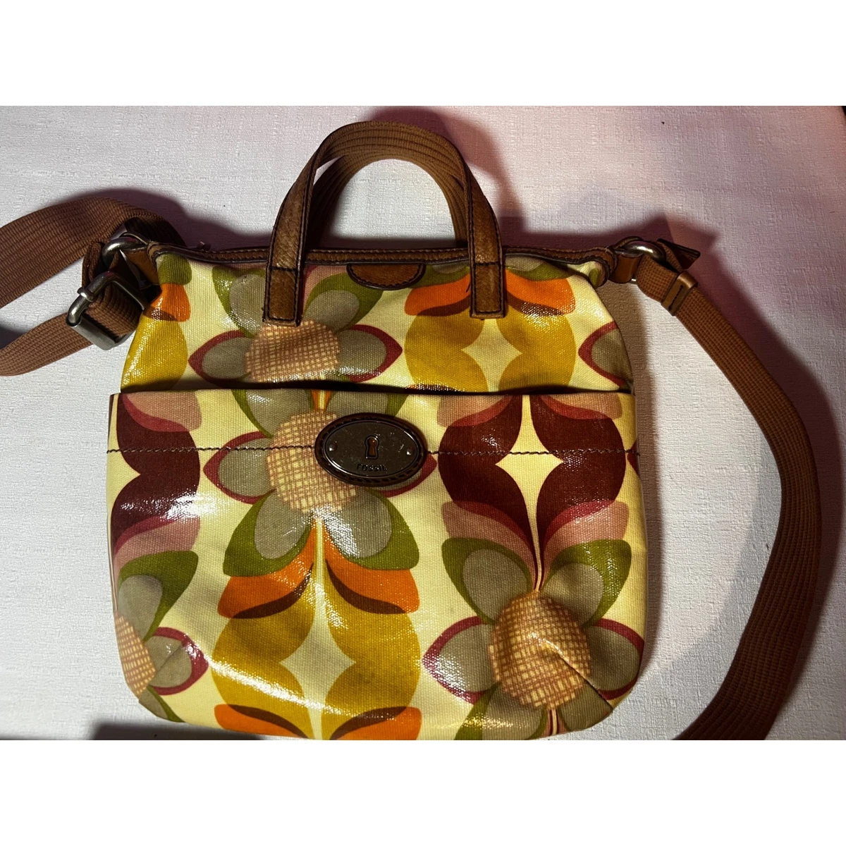 Fossil Blue and Cream Floral Canvas Backpack with Brown Leather Trim Fossil Brown Floral Bags & Handbags for Women for sale | eBay main image 3