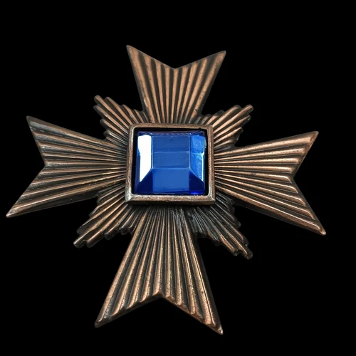 Vintage Style Bronze Maltese Cross Brooch Pin with Blue Jewel - Costume Jewelry
