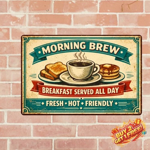 Breakfast Coffee Diner Vintage Metal Tin Sign Kitchen Wall Decor Plaque