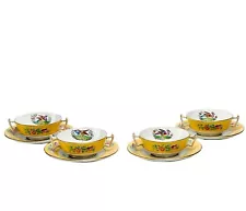 4 Copeland Spode Relief Florals Porcelain Bouillon Bowls & Underplates Yellow