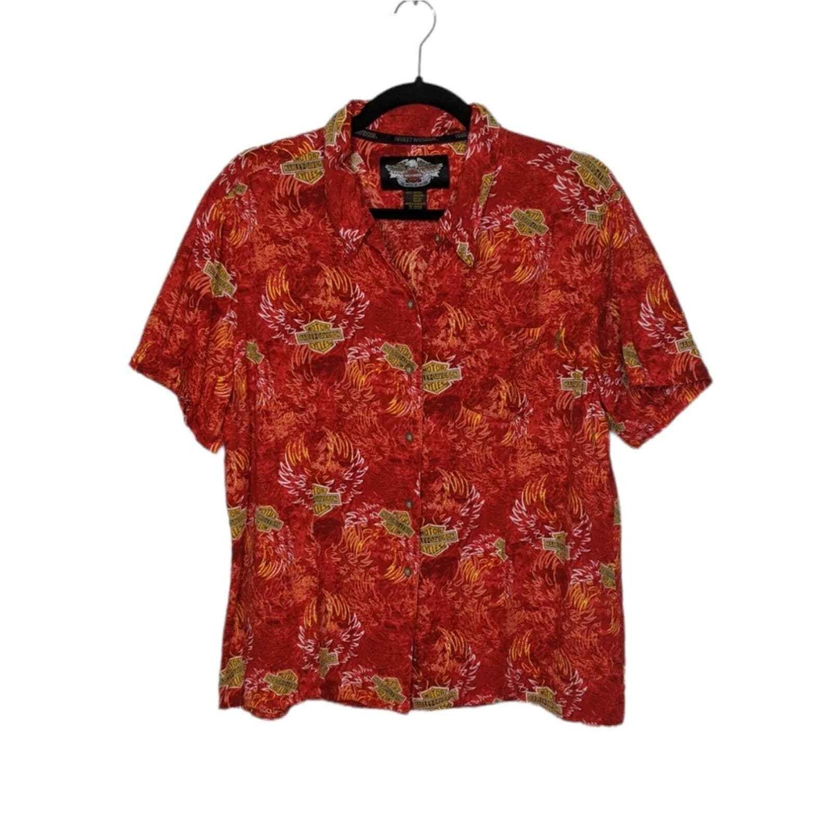 トップス 00s harley-davidson flame rayon shirt Vintage Harley Davidson Rayon Button Shirt y2K Wings Fire Flame