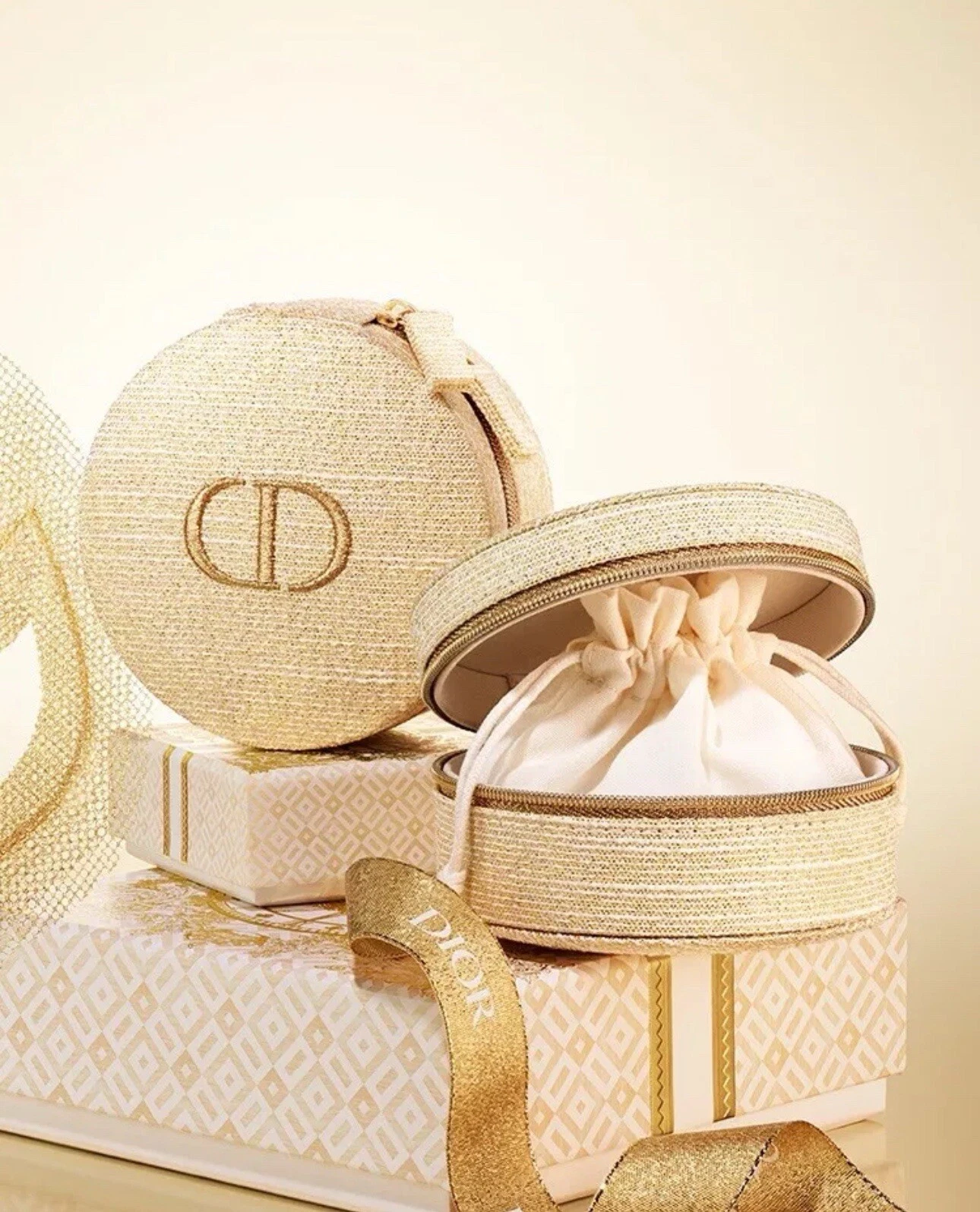 Christian DIOR 2024 Pochette ronde bijou de voyage créateur paillettes dorées NEUF