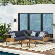 Bianca Outdoor Mid-Century Modern Acacia Wood 5 Seater Sectional Chat Set with C