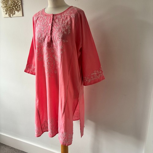 East Pink White Floral Embroidered Cotton Kaftan Dress Sequins Side Slits Size L - Picture 8 of 12