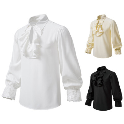 Herren Retro Gerüscht Kragen Hemd Renaissance Solid Top Gothic Victorian Kostüm