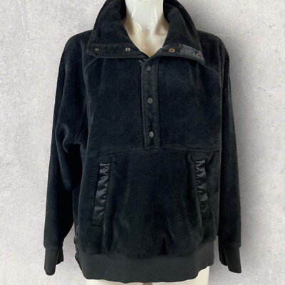 Athleta Jacket Large Recover Cozy Fuzzy 1/2 Snap Button Soft Black Athletic R2