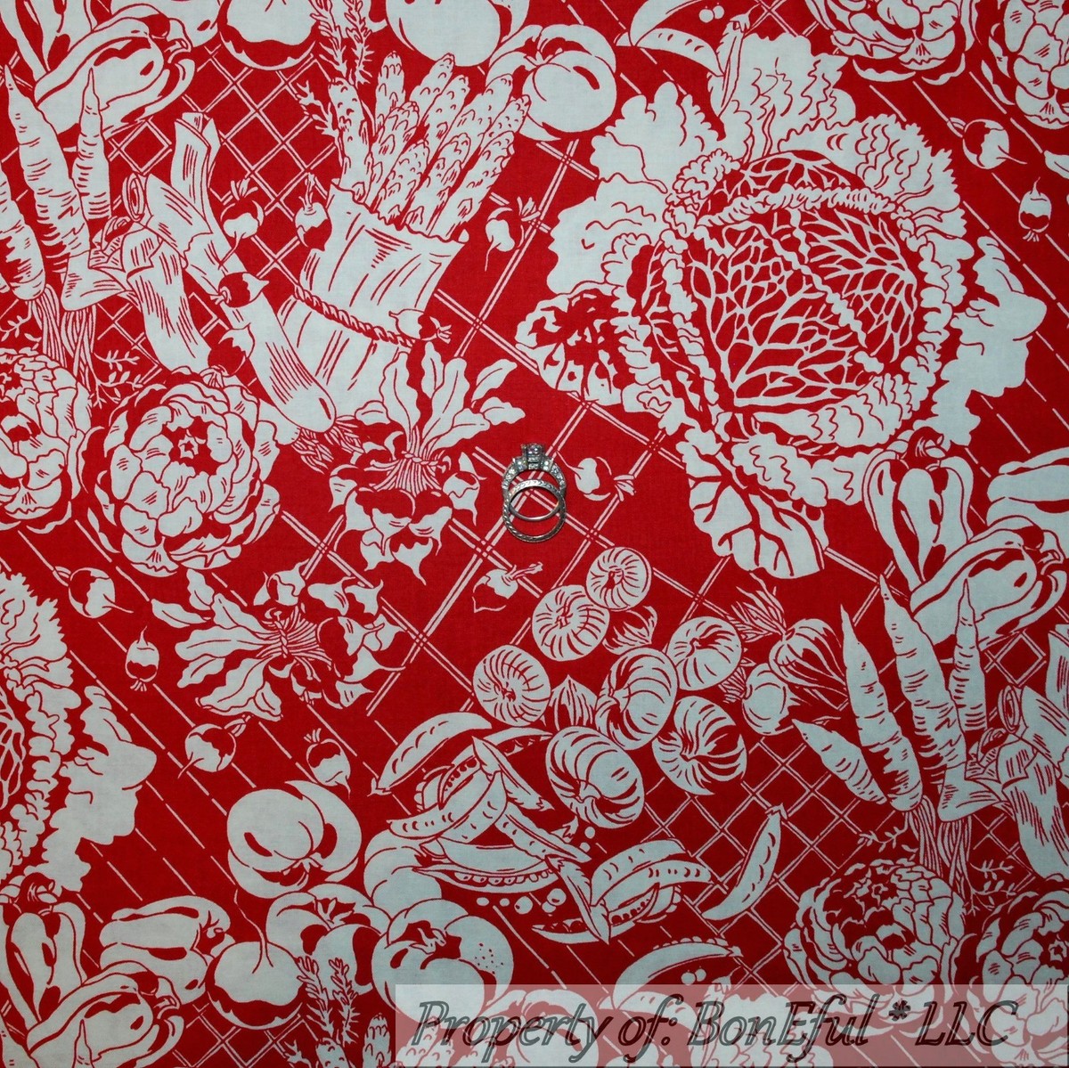 BonEful Fabric FQ Cotton Quilt Red White Toile Tomato Garden