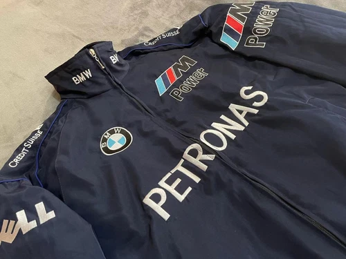 CHAQUETA DE CARRERAS VINTAGE PARA ADULTOS F-1 2025, CHAQUETA BMW AZUL MARINO BORDADO ALGODÓN ACOLCHADO - Imagen 4 de 16