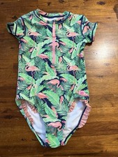 Ruffle Butts Youth Girls Flamingo Frenzy UPF 50 One Piece Zip Swimsuit SZ 7