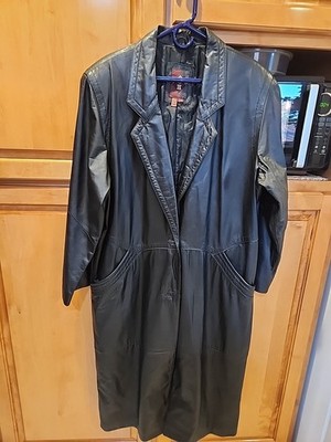 G III Leather Duster Coat Jacket Women's Size Large Black Long Trench 