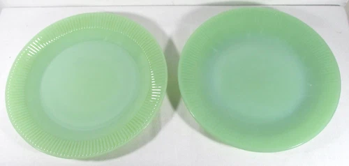 Set of 2 Jadeite Fire King JANE RAY  9" Ribbed Dinner Plates ~ 1 small chip