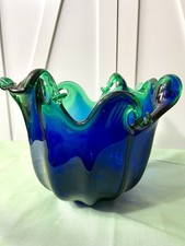 Large Murano Italian Hand Blown Art Glass Bowl Blue and Green Wavy Rim