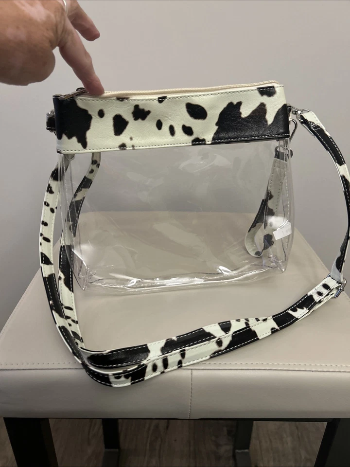 Bandolera bandolera de estadio transparente con borde de vaca marrón/blanco H03 Foto 4 de 4
