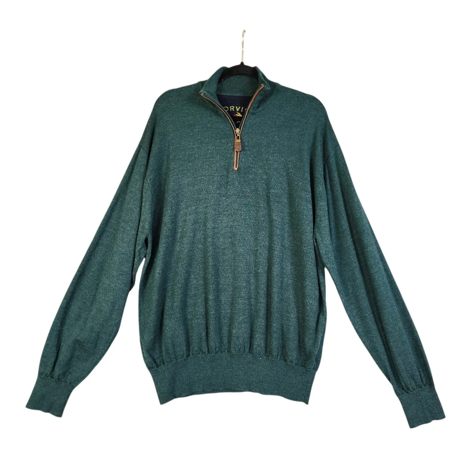 Orvis Mens Merino Wool Quarter Zip Sweater Size XXL Teal Green Leather Trim
Opens in a new window or