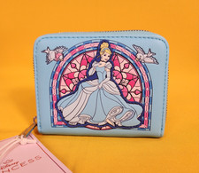 Loungefly Disney Princess Cinderella Stained Glass Portrait Blue Zip Wallet NEW