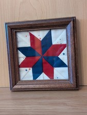 Vintage Miniature Framed Artwork Patchwork Quilted 8 Point Star Cottage Core