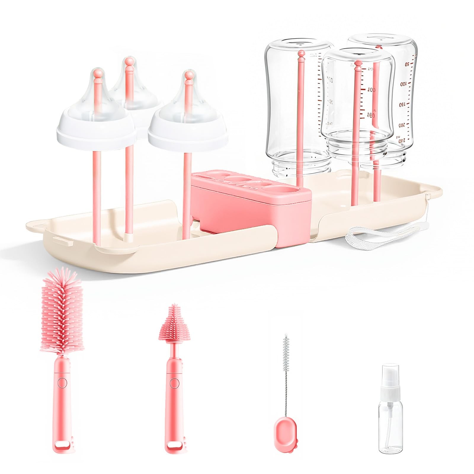 Portable 7-in-1 Baby Bottle Brush Set, Travel Cleaner Kit for and Pink 