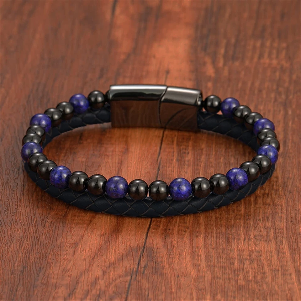 Men's Leather Braided Bracelet Obsidian Lapis Lazuli Stone Bracelet Magnetic - Image 3 of 3