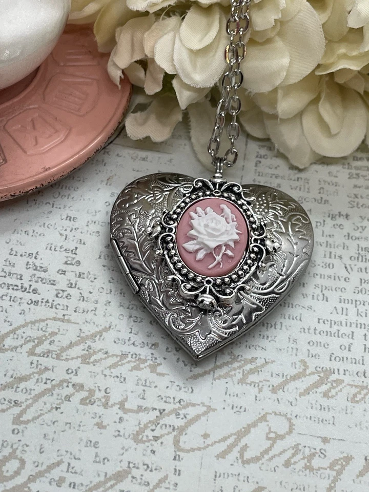 Corazón Plata Rosa y Blanco Encaje Medallón Rosa Collar Foto Novia Boda Novia Foto 3 de 4