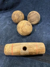 3 Vintage Primitive Wood Croquet Balls, a Vintage Wooden Mallet Head, a Manuel