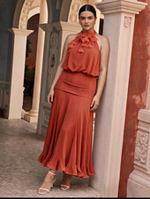 Women’s Orange Solid Halter Neck Sleeveless Smocked Ruffle Dress Size 1XL - 4XL