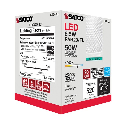 12 Pack Satco S29408 LED 120V 6.5W Watt =50W PAR20 Medium E26 4000K Cool White - Picture 8 of 14