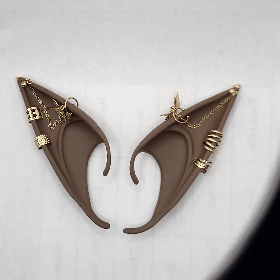 Melanin Fairy Elf Ears With Gold Piercings Cosplay Costume Pointy LARP Anime - Image 3 of 4
