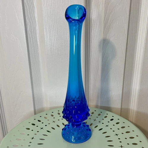 Vintage Fenton Colonial Blue/Cobalt - Turquoise Hobnail Glass Swung Bud Vase 10"