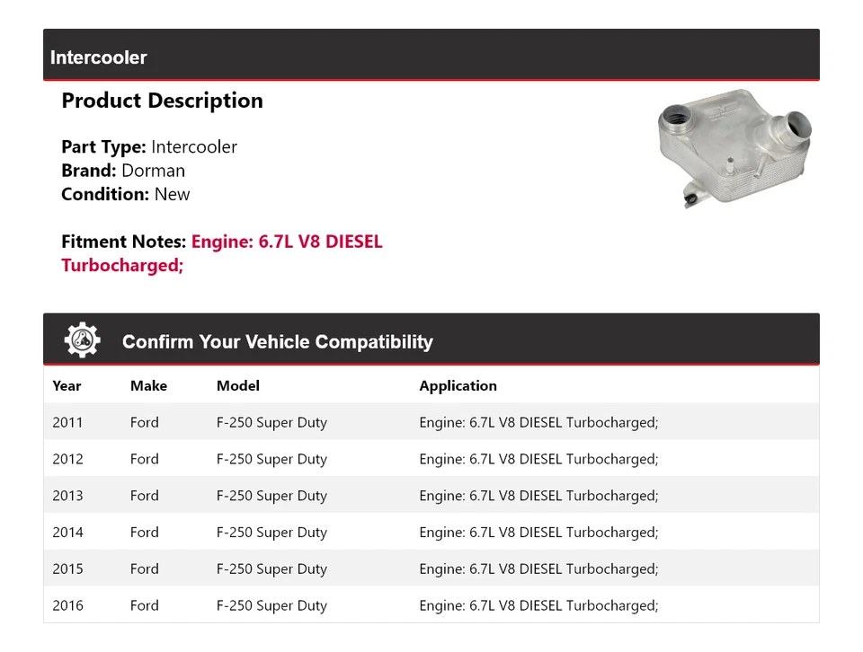 Intercooler Dorman para Ford F-250 Super Duty 2011-2016 2012 2013 2014 2015 Foto 2 de 4