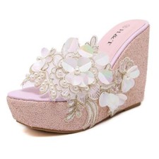 Womens Platform Open Toe Floral Sequins Wedge Heel Sandals Sweet Casual Shoes