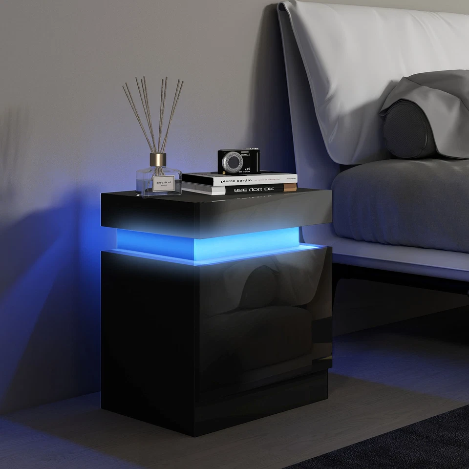 HOMCOM Comodino LED a 16 Colori e 4 Modalità con 2 Cassetti in Legno Nero - Immagine 2 di 4