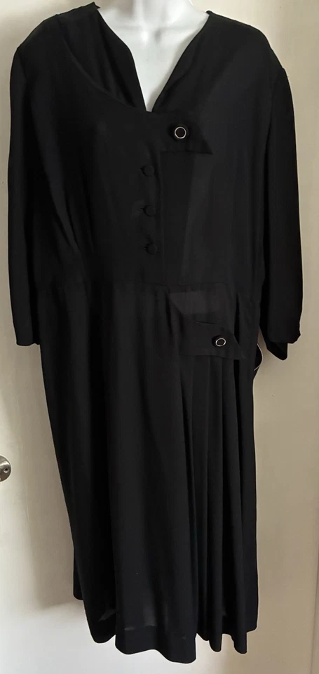 Vtg MYNETTE 40s 50s 60s Black Crepe Gold Button Dress XL Rockabilly VLV Mad Men - Image 2 of 4